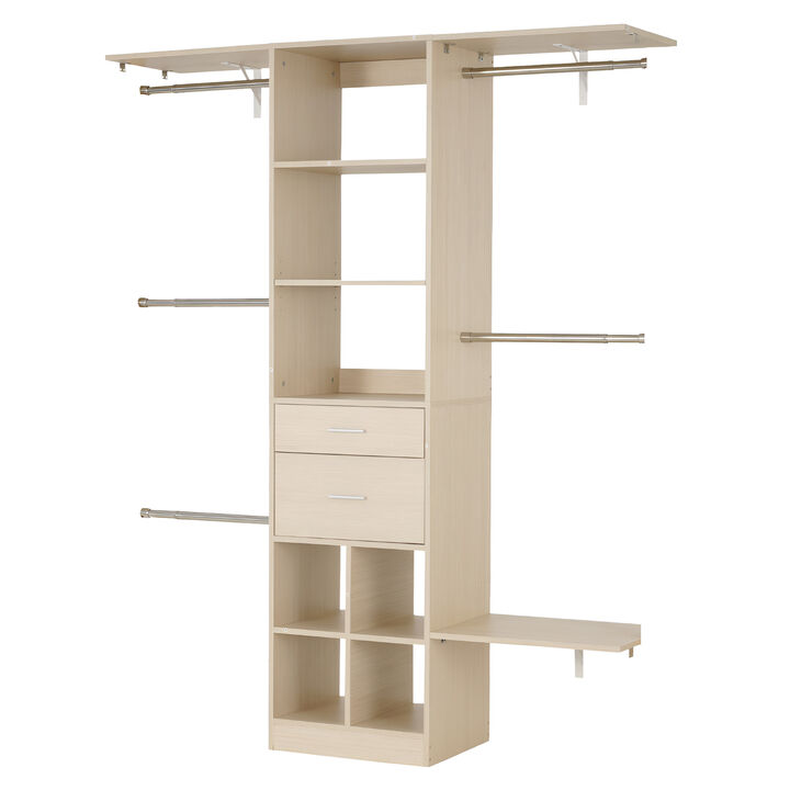 Modern Closet Organizer with 2 Drawers and 5 Retractable Hanging Rods, Grey