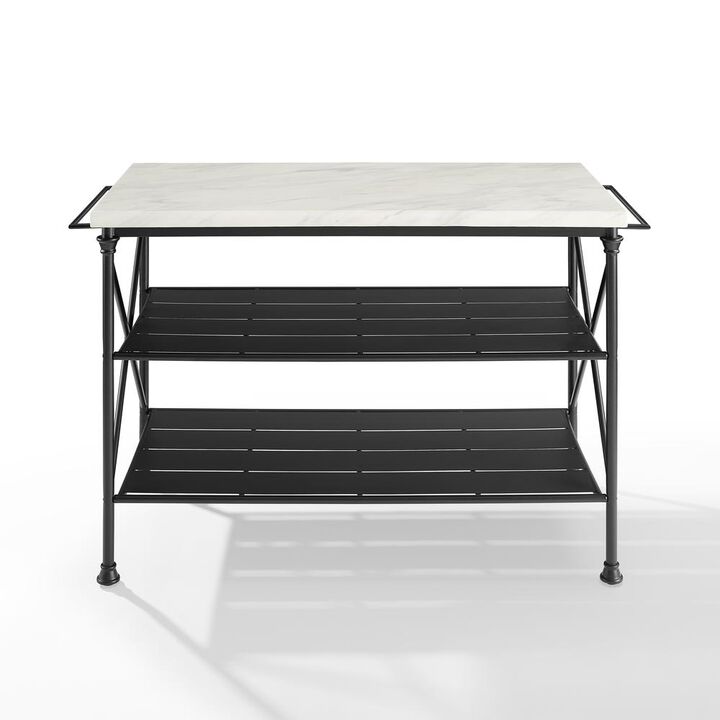 FurniFact Elegant White Marble Kitchen Island with Sturdy Matte Black Steel Base