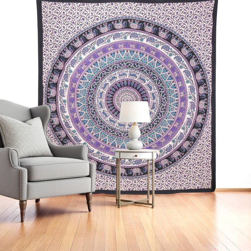 HomeRoots 92" X 84" Purple Black And White Mandala Cotton Hanging Tapestry image number 1