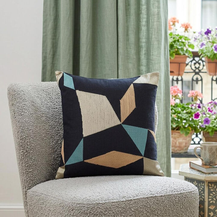 HomeRoots 24" Blue and Beige Geometric Cotton Blend Throw Pillow With Embroidery