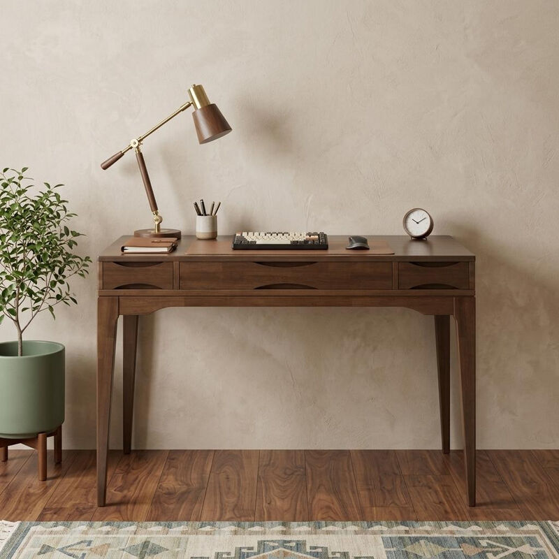 HomeRoots 48" Walnut Solid Wood Writing Desk With Two Drawers image number 1