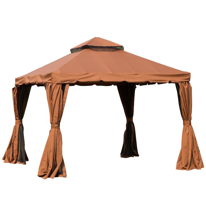 10' x 10' Patio Gazebo Outdoor Canopy Shelter with Double Vented Roof, Netting and Curtains for Garden, Lawn, Backyard and Deck, Brown