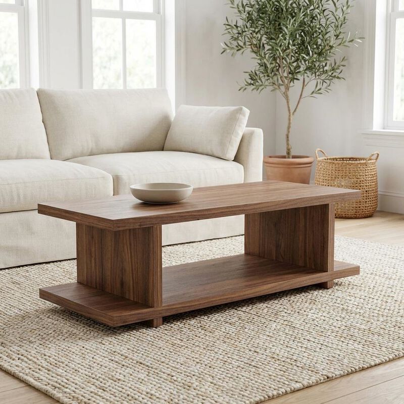 Starlight Canyon Home Brown Walnut Veneer Coffee Table with Matte MDF Frame and Open Storage image number 3