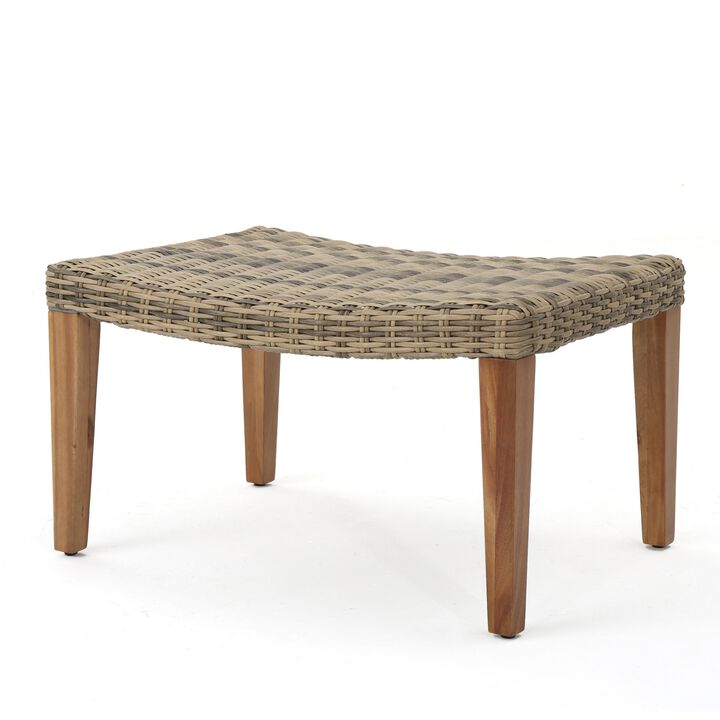 Bops Outdoor Ottoman, Gray Faux Rattan Wicker, Brown Acacia Wood - Benzara