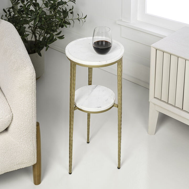 Seraphina 24.75" Industrial 2-Tier Metal Frame Drink Table and Decorative End Table with White Marble Round Top