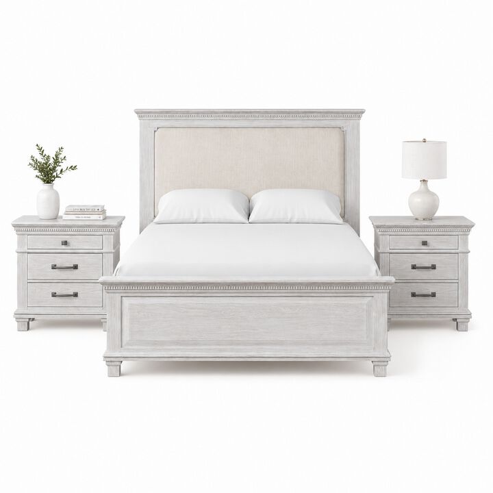 Queen Bedroom Set, Gray, Cream Wood, 3 Piece Set with 2 Nightstands
