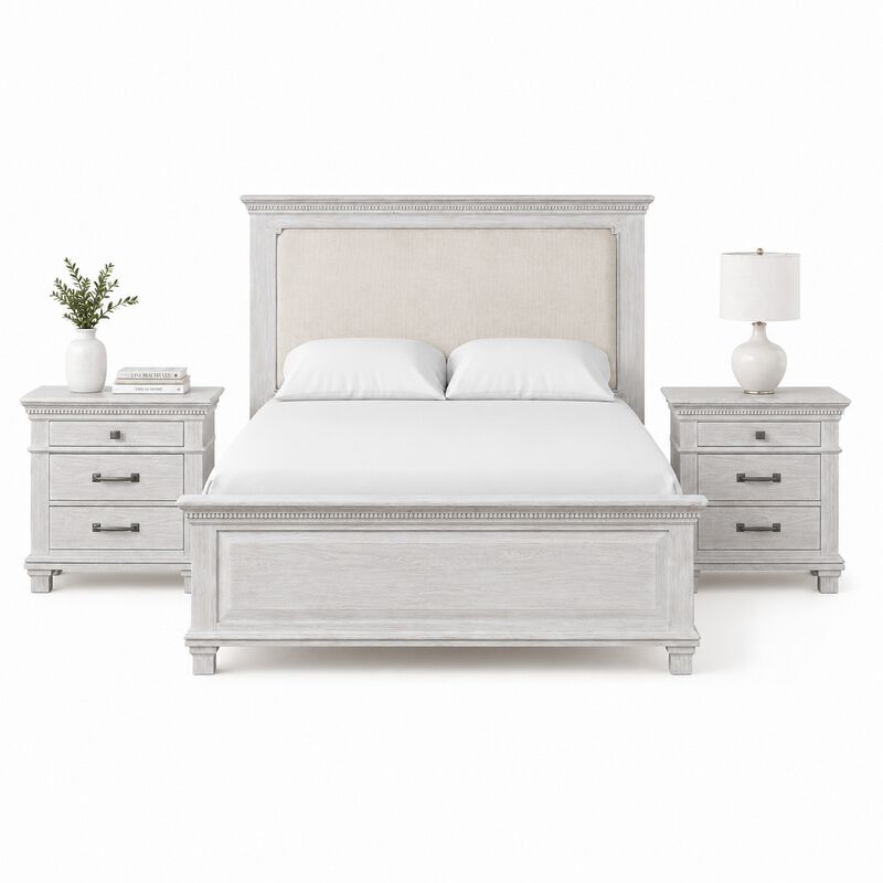 Queen Bedroom Set, Gray, Cream Wood, 3 Piece Set with 2 Nightstands image number 0