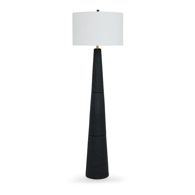 Boe 69 Inch Floor Lamp, White Drum Shade, Black Tapered Cone Resin Base - Benzara