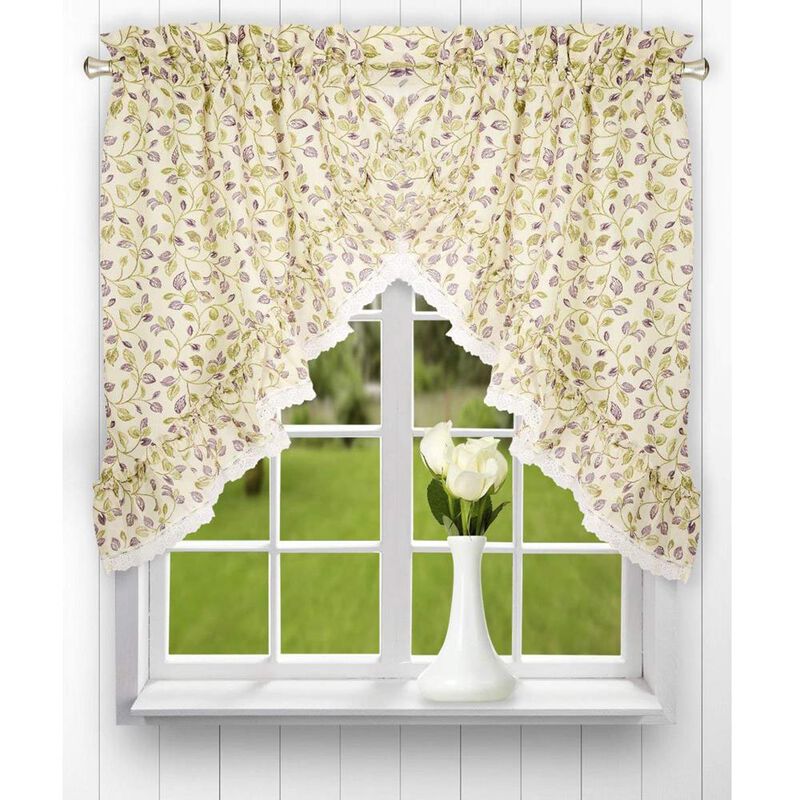 Ellis Curtain Clarice High Quality 2-Piece Leafy Branch Patterned Ruffle Swag Window Curtains - 58 x36" Violet