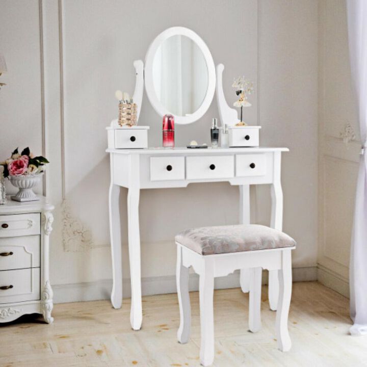 Dressing Table Set with Oval Mirror Stool and 5 Storage Drawers