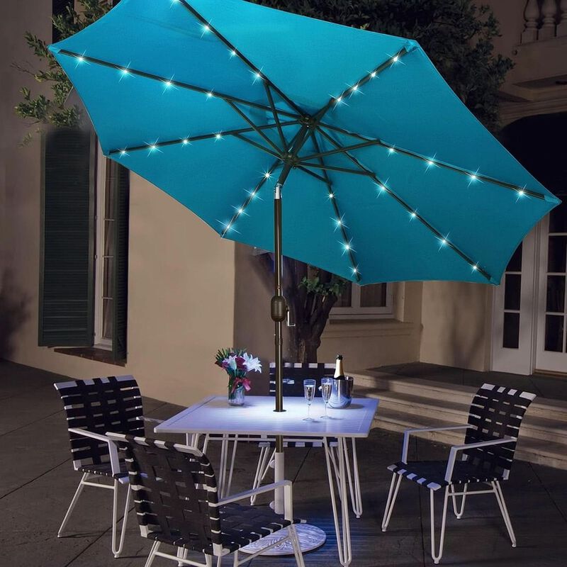 ShipItFurniture 9 Ft Solar LED Patio Umbrella with Tilt and Crank, Cerulean image number 1