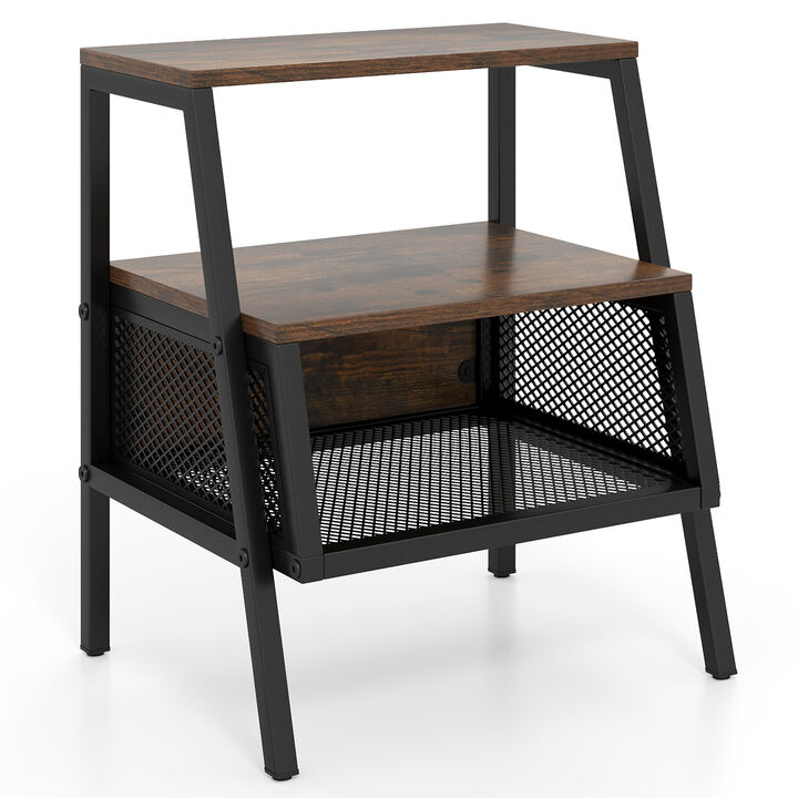 3-Tier End Table with 2 Open Shelves and Metal Mesh Compartment