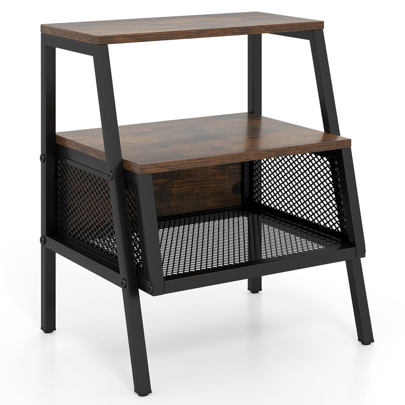 3-Tier End Table with 2 Open Shelves and Metal Mesh Compartment image number 0