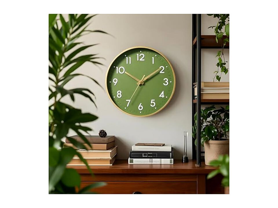Olive Green Gold Wall Clock 8 Inch Silent Non Ticking Modern Battery Operated