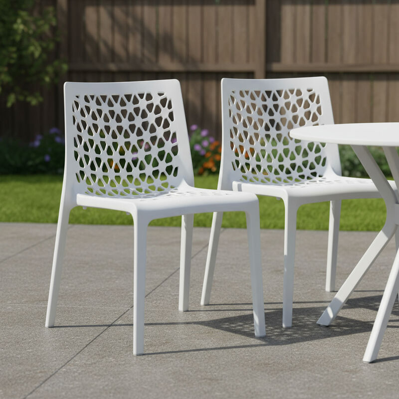 HomeRoots Set of Two White Heavy Duty Plastic Outdoor Stacking Dining Chairs image number 1