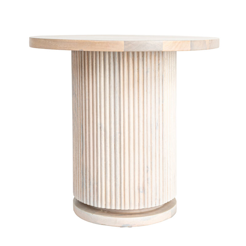 Round Mango Wood Pedestal Side Table with Ribbed Base, Natural Bleached image number 3