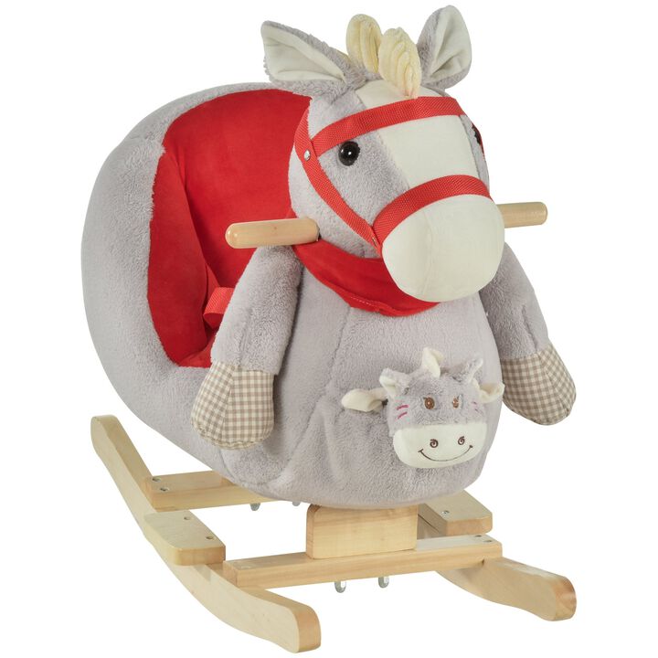 Kids Ride-On Rocking Horse Toy Rocker with Fun Song Music & Soft Plush Fabric for Children 18-36 Months - Grey
