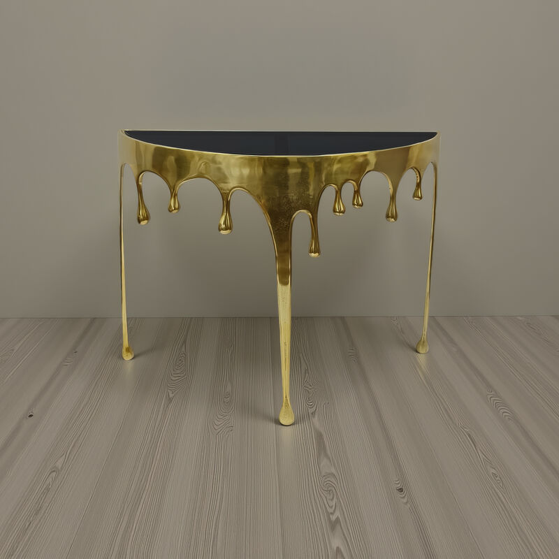 Capri Sofa Console Table | 36.25" Half Moon Glass Top | Melting Drip Design | Aluminum Cast | Antique Gold