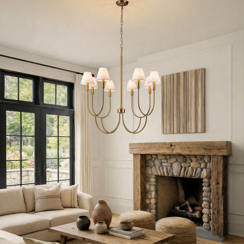 8-Light 32-Inch Mid-century Modern Satin Brass Large Chandelier with White Linen Fabric Shades For Dining Room or Foyers image number 2