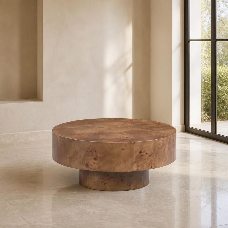 GOODSILO Round Mid-Century Modern Coffee Table with Burl Wood Veneer and Sturdy Pedestal for Small Living Spaces, Apartments and Home Offices image number 3