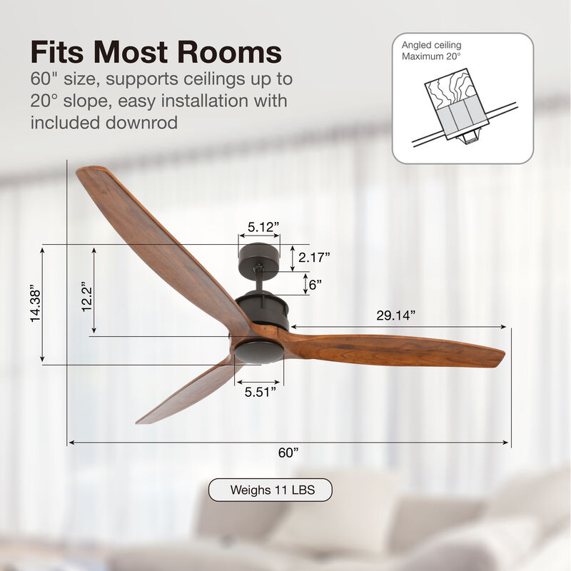 Lucci Air Akmani 60" Rustic Wood Ceiling Fan with Remote Control, Energy Efficient DC Ceiling Fan, Quiet High Airflow Koa Blades image number 6