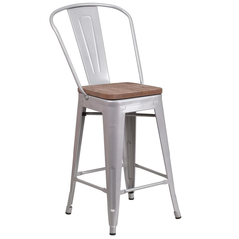 Flash Furniture Lily 24" High Silver Metal Counter Height Stool with Back and Wood Seat image number 0