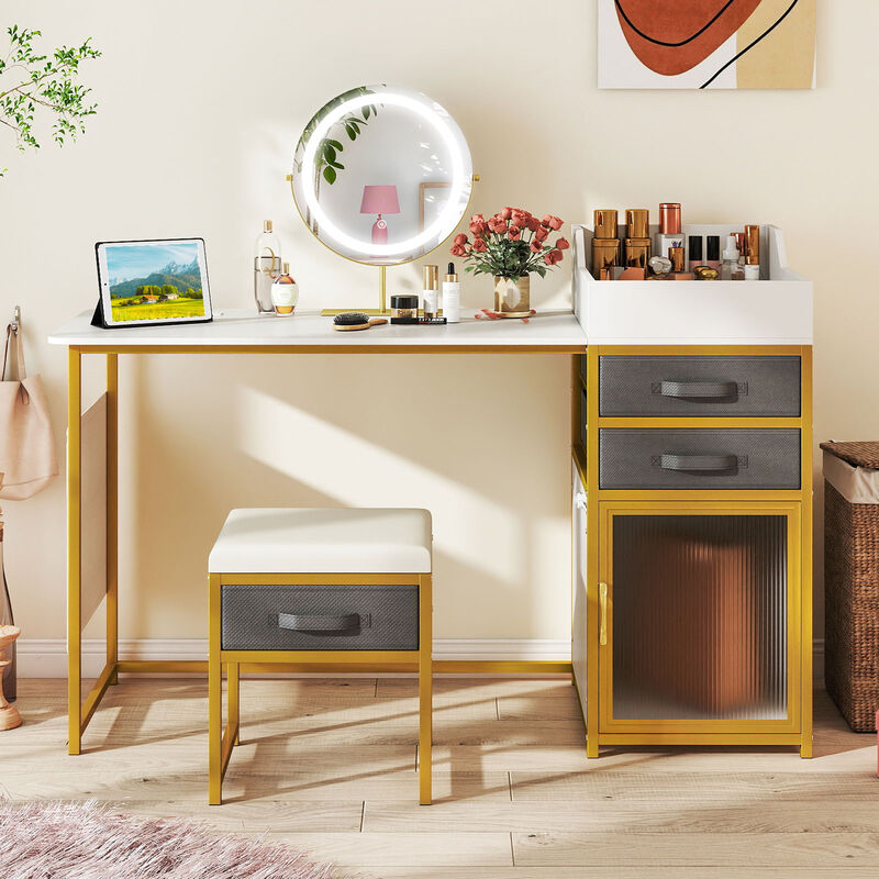 Rotatable Lighted Mirror Vanity Desk, Makeup Dressing Table-White image number 5