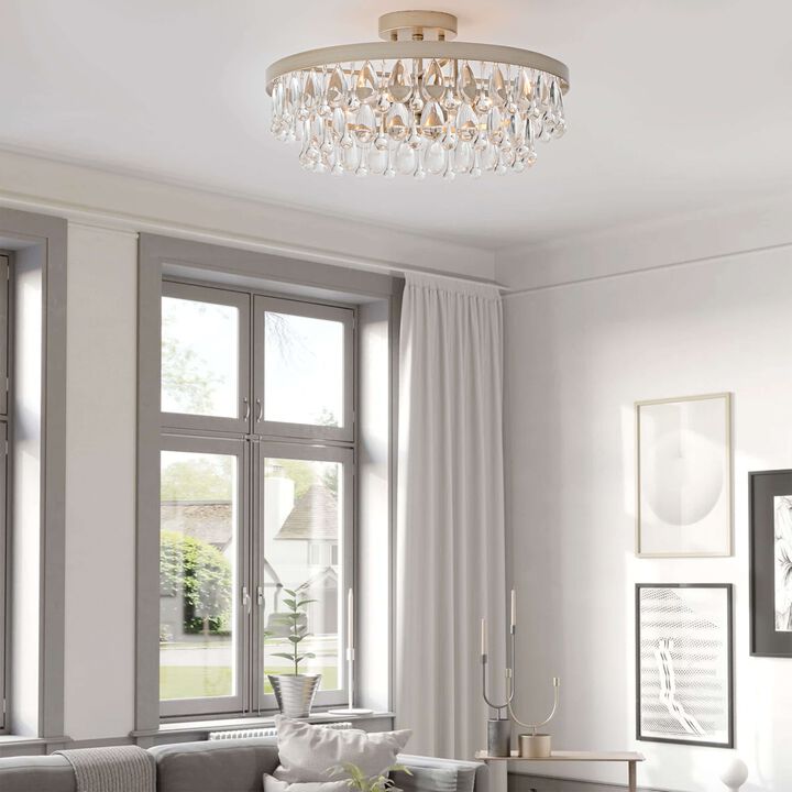 Eva 4-light Brushed Champagne Silver Crystal Teardrop Round Flush Mount