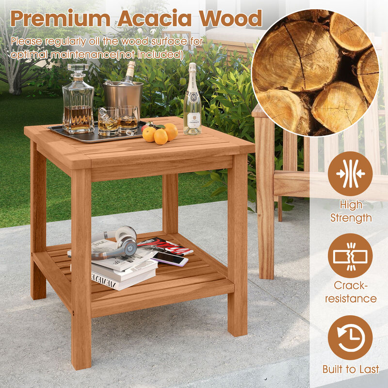 Set of 2 Acacia Wood Patio Side Tables with Slatted Tabletop and Storage Shelf image number 7