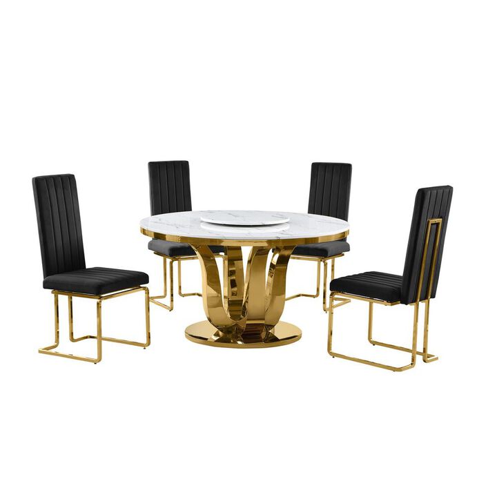 5pc White marble round dining set with gold base and 4 Black side chairs