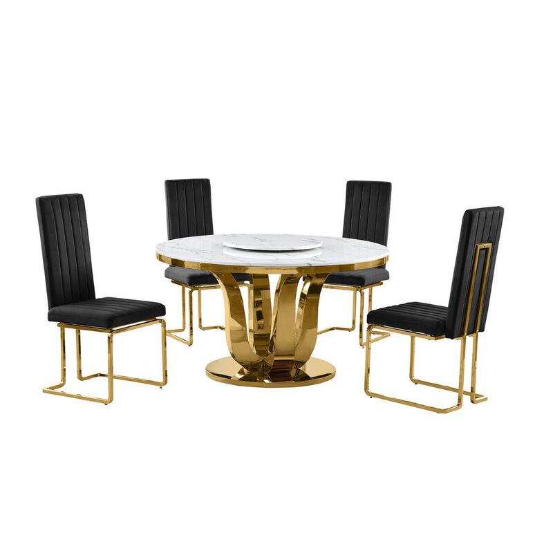 5pc White marble round dining set with gold base and 4 Black side chairs