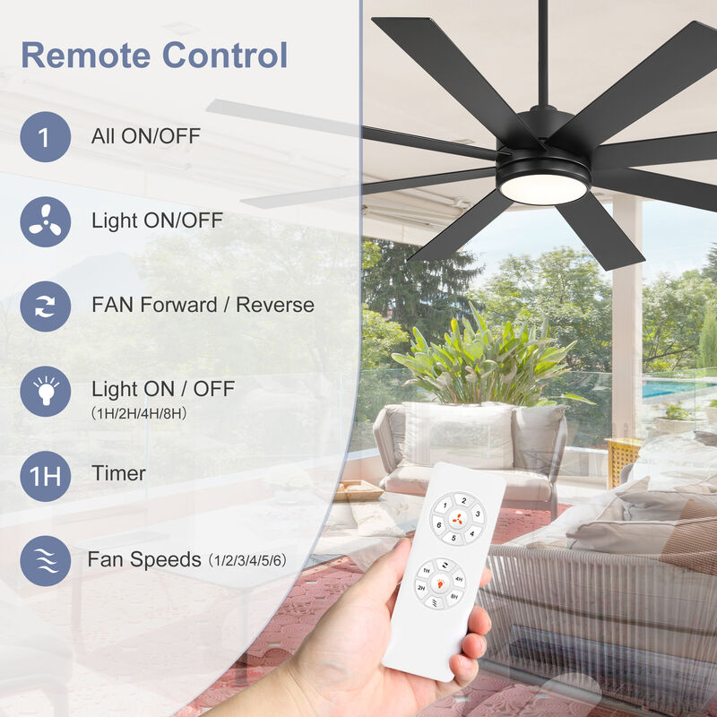 Breezary 65-inch Black Ceiling Fan with LED Light Remote and Downrod(8-Blade) image number 3