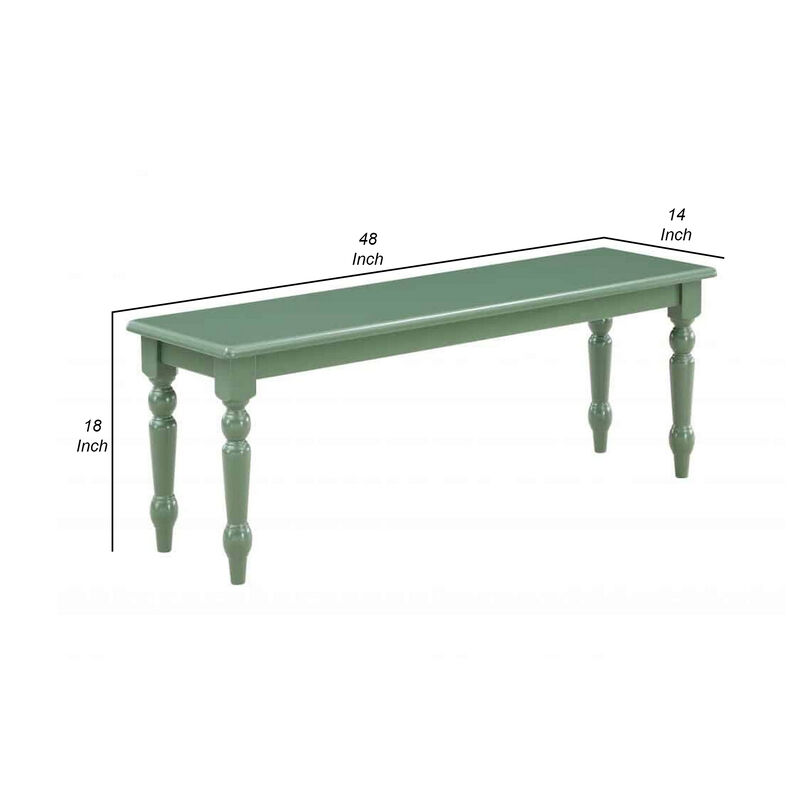 Irvin 48 Inch Modern Wood Dining Bench with Turned Legs, Equestrian Green-Benzara