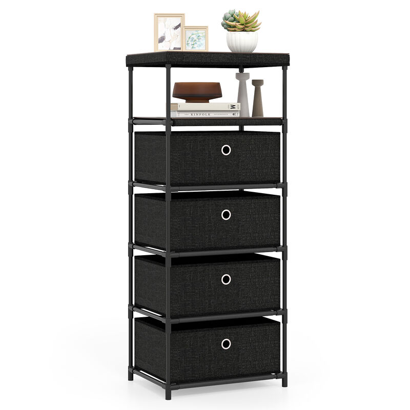 4 Drawer Storage Tower with Fabric Bins, Wood Top and Sturdy Metal Frame