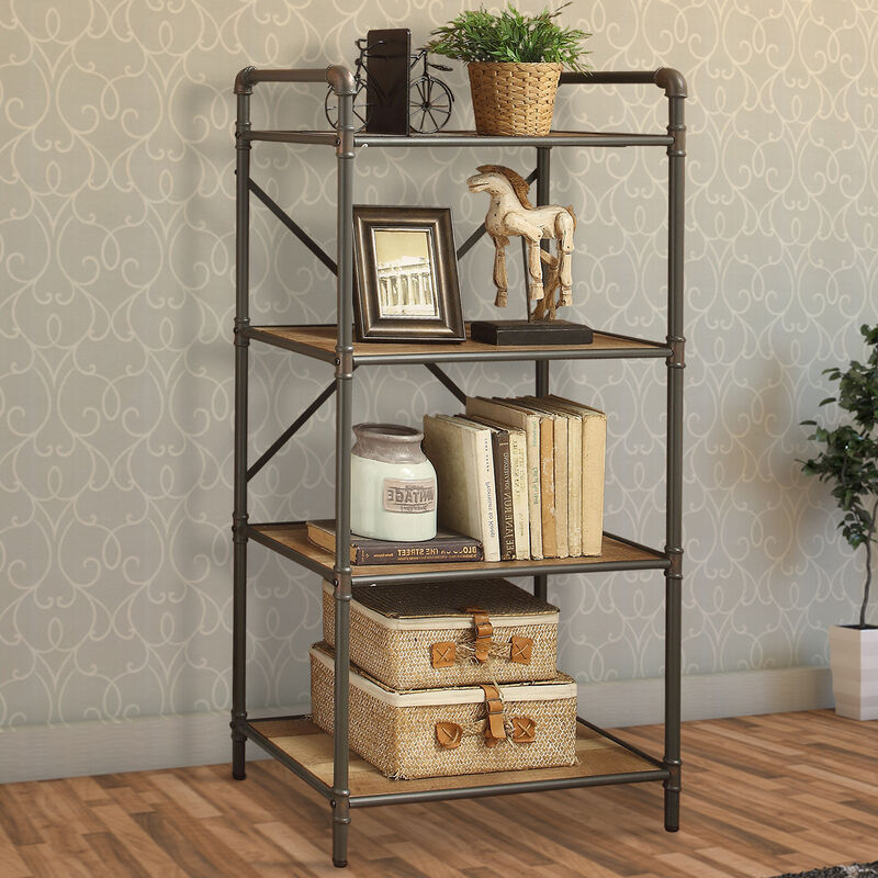 Three Tier Metal Bookshelf With Wooden Shelves, Oak Brown & Gray