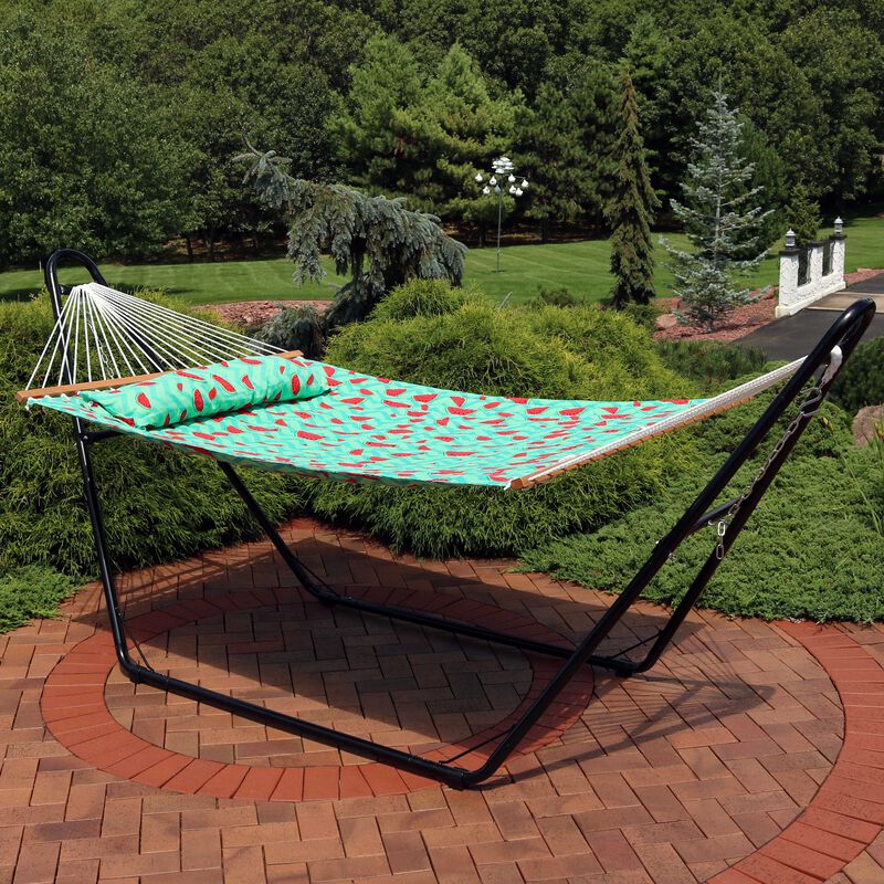Sunnydaze Large Quilted Hammock with Spreader Bar and Pillow - Watermelon