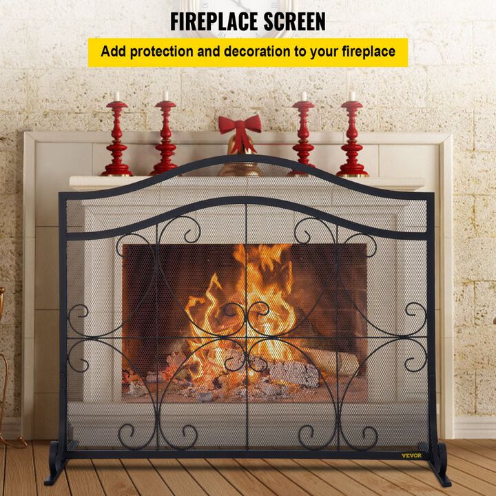 Iron Fireplace Screen with Spark Protection, Mesh Panel and Fireplace Accessories Set-Black