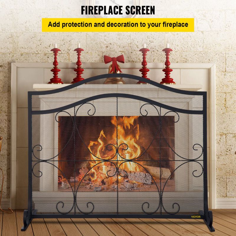 Iron Fireplace Screen with Spark Protection, Mesh Panel and Fireplace Accessories Set-Black image number 1