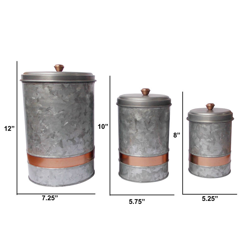 Benzara AMC0014 Galvanized Metal Lidded Canister With Copper Band, Set of Three, Gray - Benzara