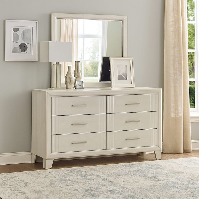 Charie Wide Dresser with 6 Drawers, Tapered Legs, White Wood