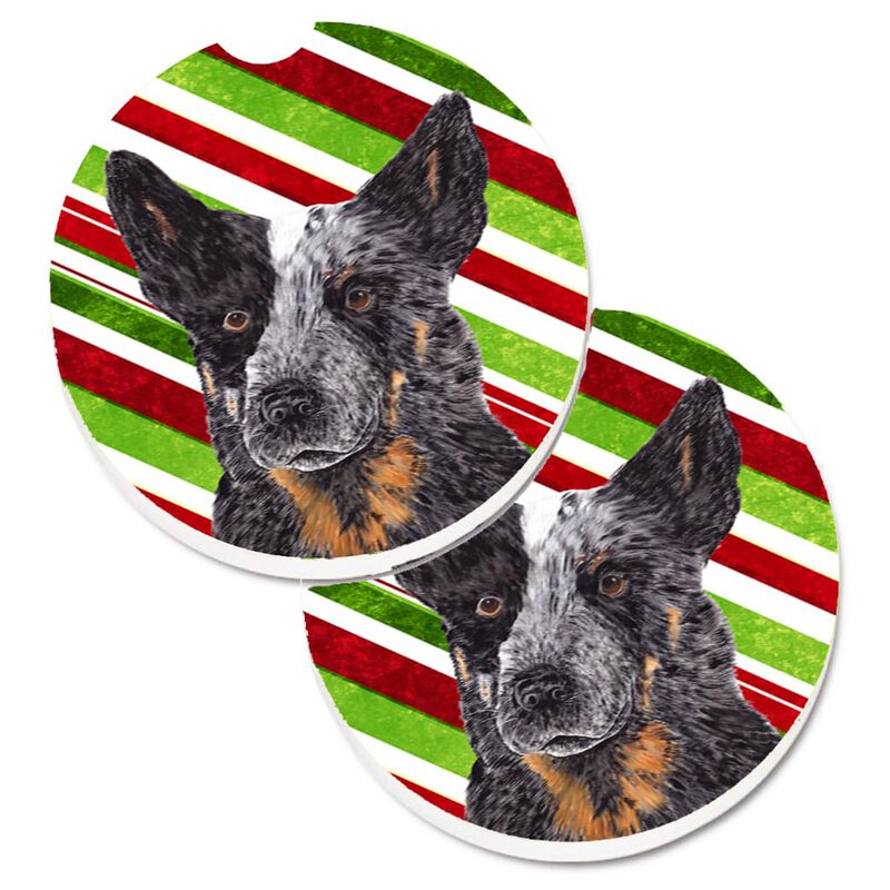 Caroline's Treasures Australian Cattle Dog Candy Cane Holiday Christmas Set of 2 Cup Holder Car Coasters SC9356CARC, 2.56, Multicolor image number 0