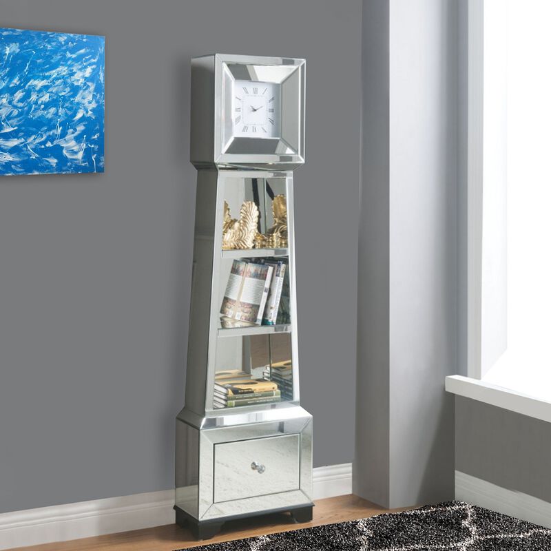 Fully Mirrored Wooden Grandfather Clock with Storage & Display Space, Silver-Benzara