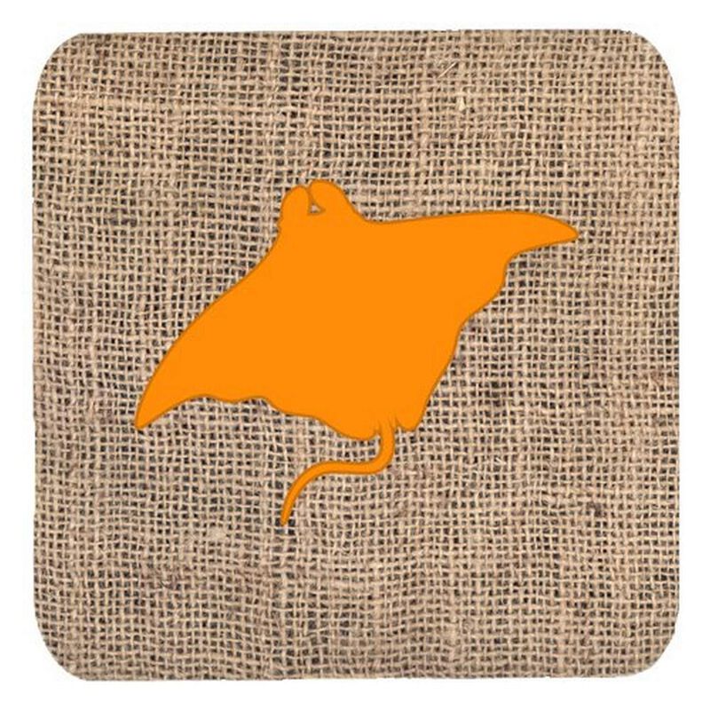 Caroline's Treasures BB1014-BL-OR-FC Manta Ray Burlap and Orange Foam Coasters (Set of 4), 3.5 H x 3.5 W, Multicolor