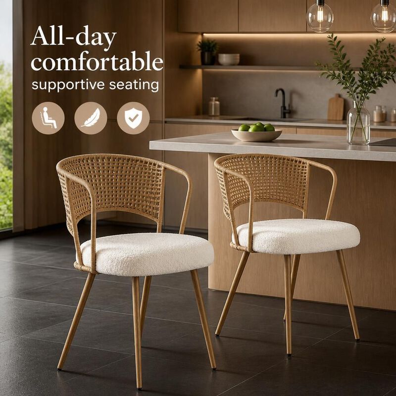 GOODSILO Set of Two Woven Rattan Wing Back Dining Chairs with Soft Foam Cushion and Metal Legs for Kitchen Dining Room Home Use image number 4