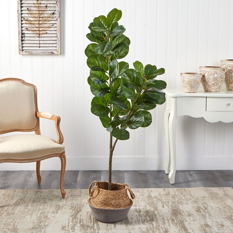 Hivvago 4.5 Feet Fiddle Leaf Fig Artificial Tree with Boho Chic Handmade Cotton and Jute White Woven Planter