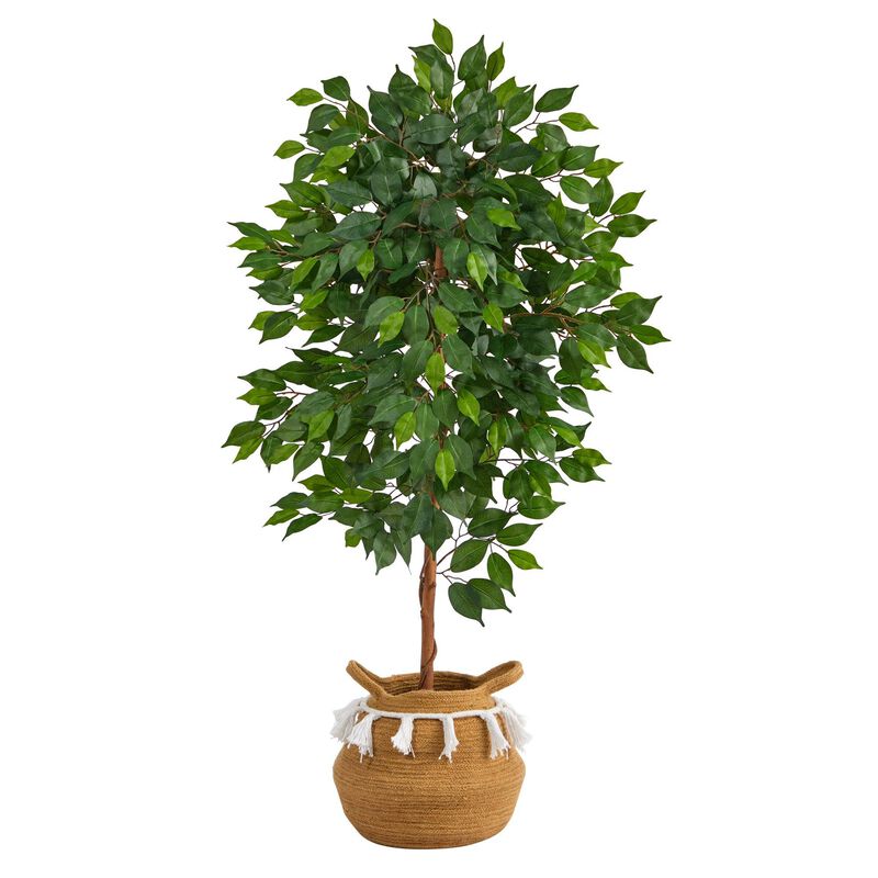 Nearly Natural 4-ft Ficus Artificial Tree in Boho Chic Handmade Natural Cotton Woven Planter with Tassels image number 1