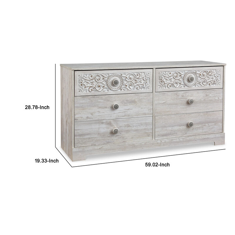 59 Inch Dresser, 6 Drawers, Medallion Design Front, Whitewashed MDF Frame