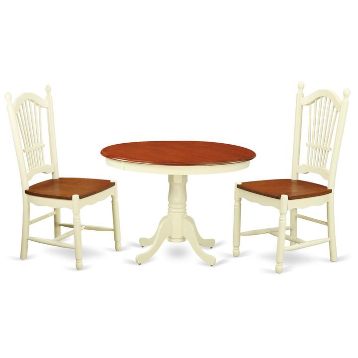 3 Pc set with a Round Small Table and 2 Leather Kitchen Chairs in Buttermilk and Cherry .