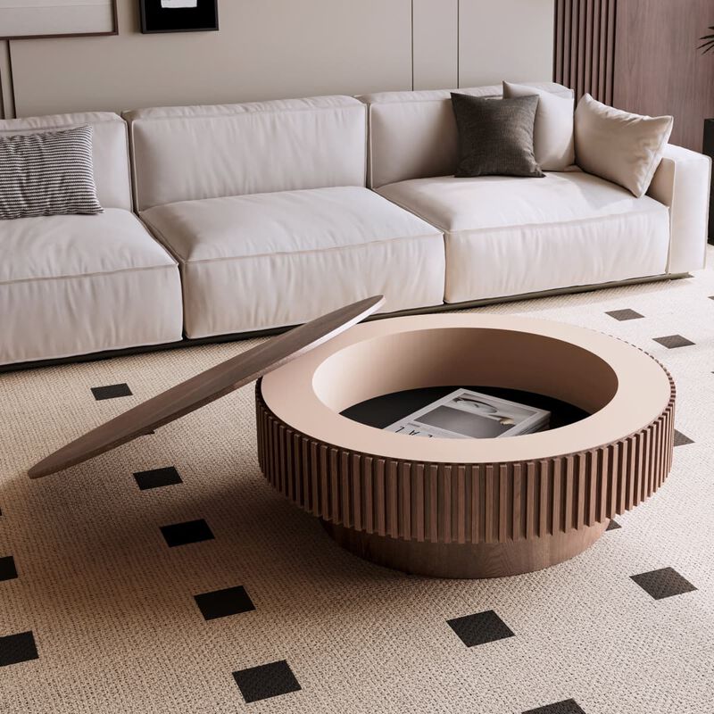 Round coffee table with storage Solid wood veneer and MDF coffee table with fluted base Modern accent coffee table for living room image number 3