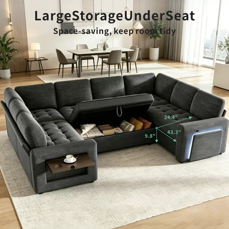102" 8-Seat U-Shaped Modular Sectional Sleeper Sofa with Pull Out Bed, Chenille Reclining Backrests image number 4